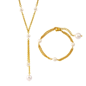 Elegant gold-plated stainless steel pearl jewelry set with long Y-necklace and bracelet