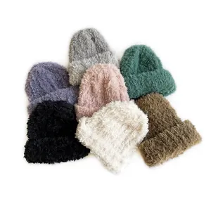 Women Stylish Solid Color Knit Beanie Warm Polyester Plush Hat Soft Jacquard Pullover Winter Outdoor Warm Beanie For Lady