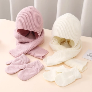 Baby winter knit set with beanie, scarf and mittens in pink and cream white