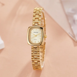 Women Quartz Watch Vintage Elegant Gold Alloy Link Bracelet Cushion Square Round Dial Minimalist Waterproof