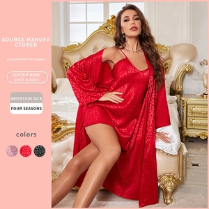 Women's Imitation Satin Leopard Jacquard V-Neck Slip Nightdress And Matching Robe Luxurious Loungewear Sleepwear