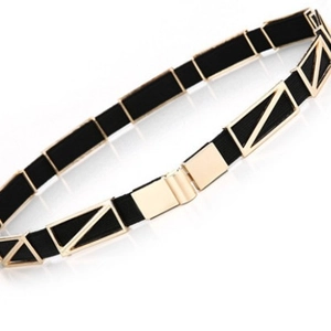 Fashionable black elastic waist belt with decorative gold geometric hollow metal links