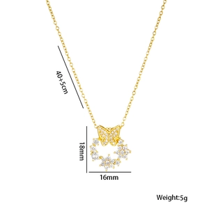 Gold titanium steel necklace with colorful zircon butterfly donut pendant and dimensions