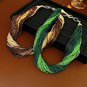 French vintage multi-strand seed bead necklace with layered twist and golden clasp