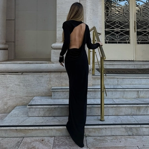Sexy Backless Long Sleeve Maxi Dress Solid Color Slim Fit Bodycon High Waist Floor Length Evening Clubwear For Women