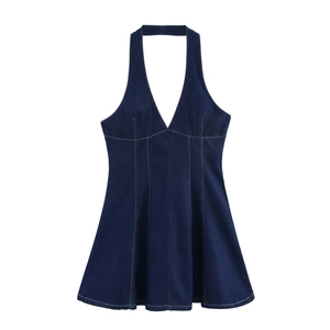 Robe Mini en Denim Dos Nu pour Femmes Col en V Profond Coupe Trapèze Bleu Foncé Surpiqûres Contrastées Tenue d'Été