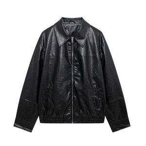 Women's vintage black faux leather aviator jacket with zipper closure and elastic hem