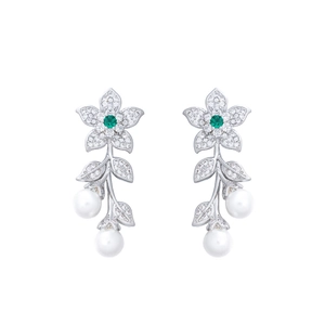 Elegant silver flower and leaf drop earrings with green zircon and white hanging pearls