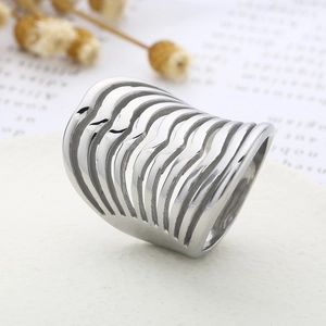Macro shot of silver wide hollow wave pattern ring in polished stainless steel finish