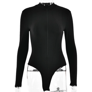 Slim fit black long sleeve bodysuit featuring a standing collar and front zipper detail