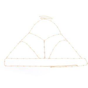 Golden body chain with small beads and sparkling crystal pendants on white background