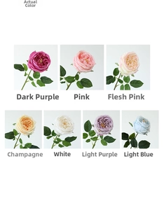 Detail showing artificial Austin roses in seven colors for wedding and table decoration