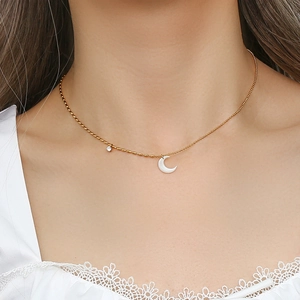 Chic gold beaded chain necklace with asymmetric white shell crescent moon and zircon pendant