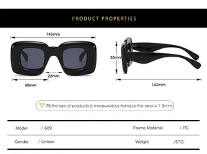 Detailed size specifications for Y2K rectangular sunglasses with dimensions and PC frame specs