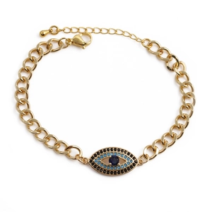 Gold plated copper evil eye bracelet with colorful cubic zirconia and adjustable chain