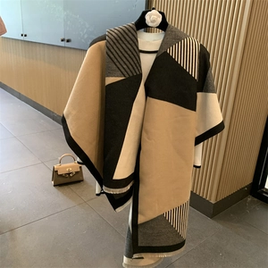 Winter double-sided cashmere-feel shawl with black and beige geometric stripe patterns