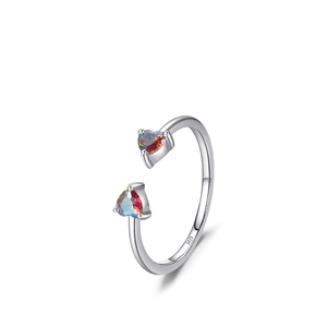 S925 sterling silver open ring featuring dual heart-shaped rainbow zircon stones