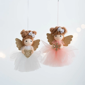 Pink and white mesh tulle angel hanging ornaments for Christmas tree decoration
