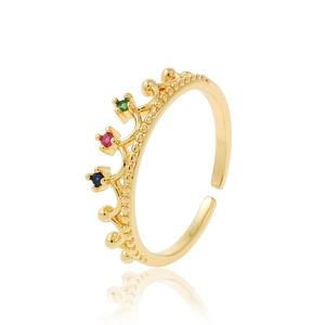 Elegant gold crown open ring with colorful gemstones and mirror reflection on white base