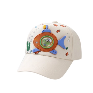 Kids baseball cap with cartoon submarine and sea life print in creamy white twill