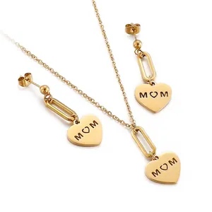 Stainless Steel Jewelry Set Heart Pendant Necklace And Earrings With Mom Cutout Design Elegant Mother Day Gift For Women