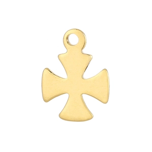 Macro detail of a golden stainless steel cross pendant with a polished metallic finish