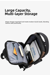 Detail view of large capacity chest bag showing multi-layer storage for tablets and gadgets