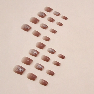 Elegant French brown gradient press-on nails with delicate silver butterfly designs