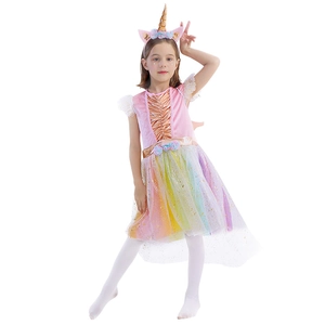Close-up of kids unicorn cosplay dress featuring pink sequin bodice and colorful tulle skirt