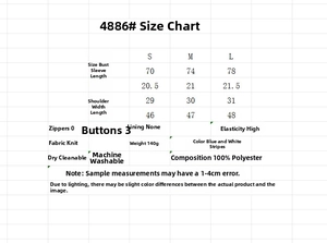 Detailed size chart for the blue and white striped knit sweater with three buttons