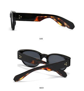 Side and back view of tortoise shell sunglasses with polished frames and metal accents