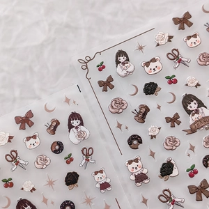 Embossed retro nail art stickers featuring cute bears and girl illustrations on white background