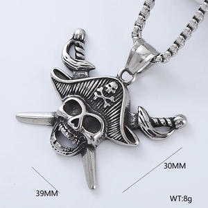Skull and crossbones pirate pendant necklace in polished stainless steel for men