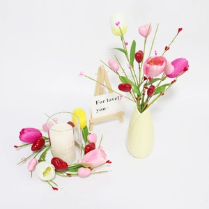 Artificial tulip bouquet with heart berries in ceramic vase for home decoration
