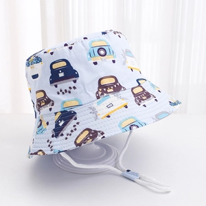 Detail view of baby sun hat with blue cartoon car prints and adjustable chin strap