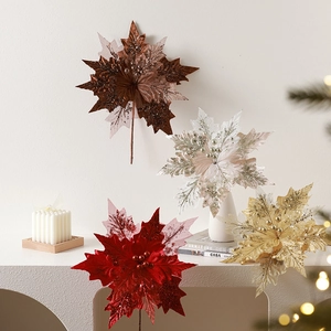 Sparkly Artificial Poinsettia Flowers Christmas Tree Hanging Ornaments Glitter Sequin Cloth DIY Holiday Party Decor Home