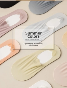 Detail of ultra-thin ice silk no-show socks in various Morandi colors with deep mouth design