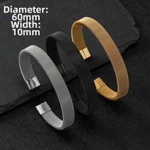 Detail showing 10mm mesh steel wire bracelets in gold, silver, and black with dimensions
