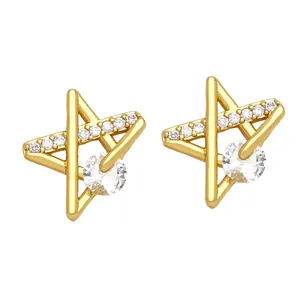 Minimalist gold star stud earrings with sparkling cubic zirconia stones and clear round crystal