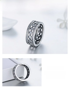 Detailed macro view of S925 sterling silver hollow ring with sparkling zircon stones