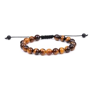Natural tiger eye stone beaded bracelet with adjustable black braided cord on white background