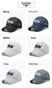 Mesh baseball caps with Lucky embroidery in six colors including black, navy, and beige