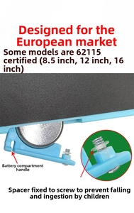 Detail of child safe battery compartment with screw lock on blue LCD writing tablet