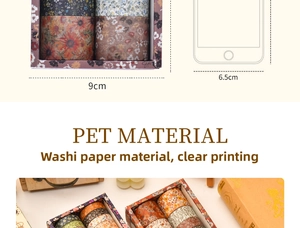 Detail of 12 rolls floral washi tape set showing PET material and 9x6.5cm box dimensions