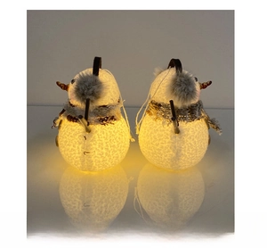 Side view of two glowing plush snowmen with warm LED lights and plaid scarves