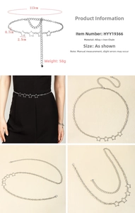 Detail of silver star metal waist chain with geometric hollow five-point stars