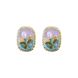 Monet style floral oil painting earrings with pink enamel flowers and pearl accents