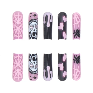 Halloween press-on nails set with skull, spider web, and heart rhinestones on long coffin shape