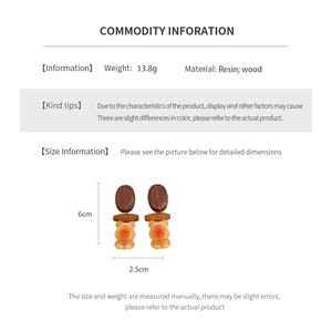 Detailed size and material specs for the 6cm wood and resin cartoon bear drop earrings