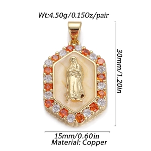 Detailed view of Virgin Mary hexagon pendant with copper material and size measurements